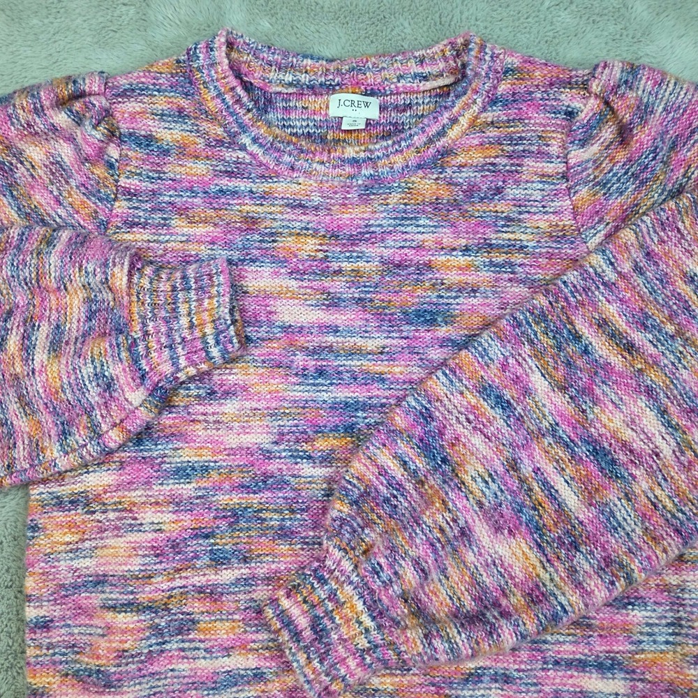 J.Crew Space Dye Knit Sweater Womens S Puff Sleeve Marled Multi Color Pink Blue